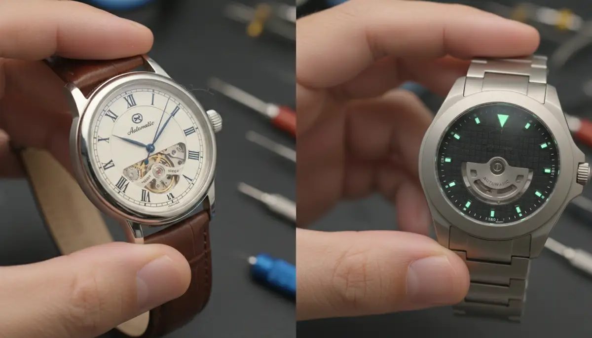 A side-by-side comparison of a manual-wind watch being wound and an automatic watch being gently shaken, emphasizing the different initial setting methods., high-quality photography, professional lighting, sharp focus, realistic, detailed