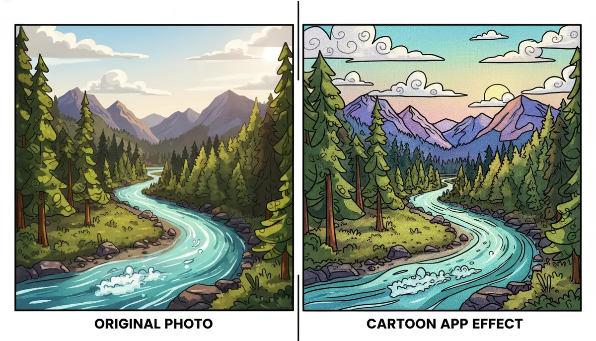A side-by-side comparison of a regular photo and its cartoonized version, showcasing dramatic artistic effects applied by an app., high-quality photography, professional lighting, sharp focus, realistic, detailed