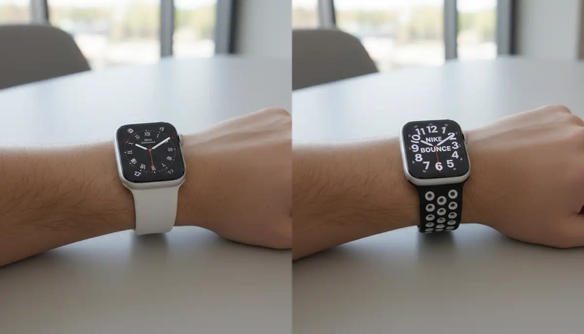 A side-by-side comparison of a standard Apple Watch and an Apple Watch Nike on a person's wrist, highlighting the subtle design differences and band options, with a modern, clean aesthetic., high-quality photography, professional lighting, sharp focus, realistic, detailed