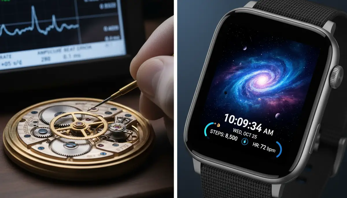 A side-by-side comparison of a traditional mechanical watch movement being regulated and a modern smartwatch displaying a customizable digital watch face., high-quality photography, professional lighting, sharp focus, realistic, detailed
