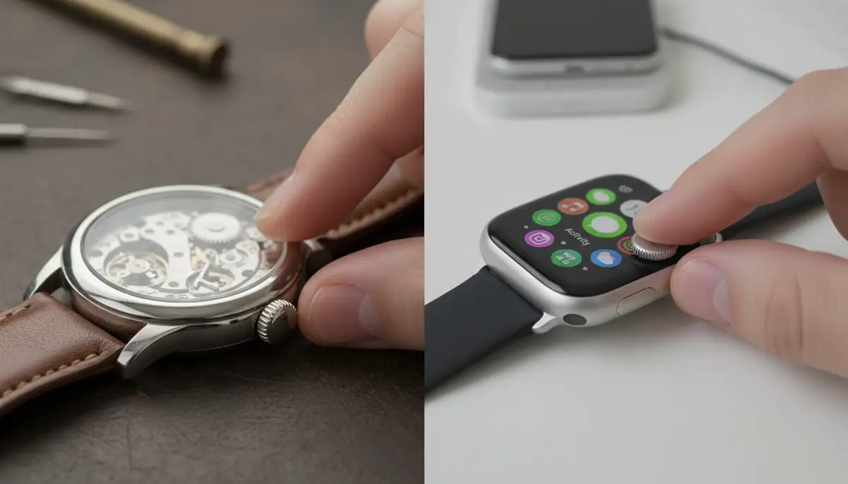 A side-by-side comparison of a traditional watch crown and a smartwatch digital crown, emphasizing their different functionalities., high-quality photography, professional lighting, sharp focus, realistic, detailed