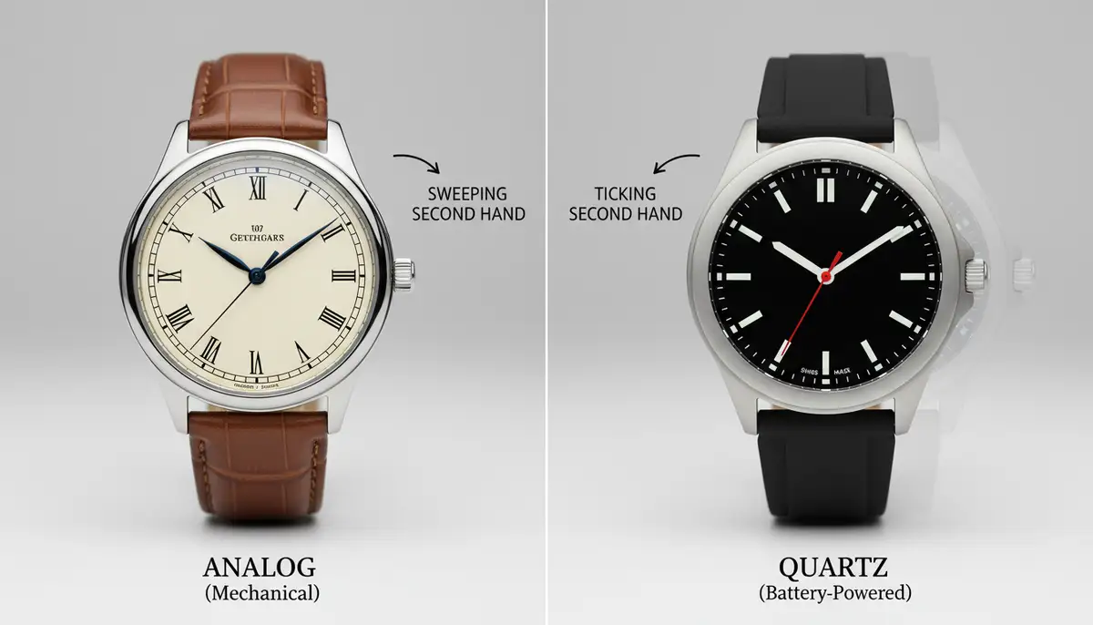 A side-by-side comparison of an analog watch and a quartz watch, emphasizing their distinct design philosophies and the sweep vs. tick of their second hands., high-quality photography, professional lighting, sharp focus, realistic, detailed