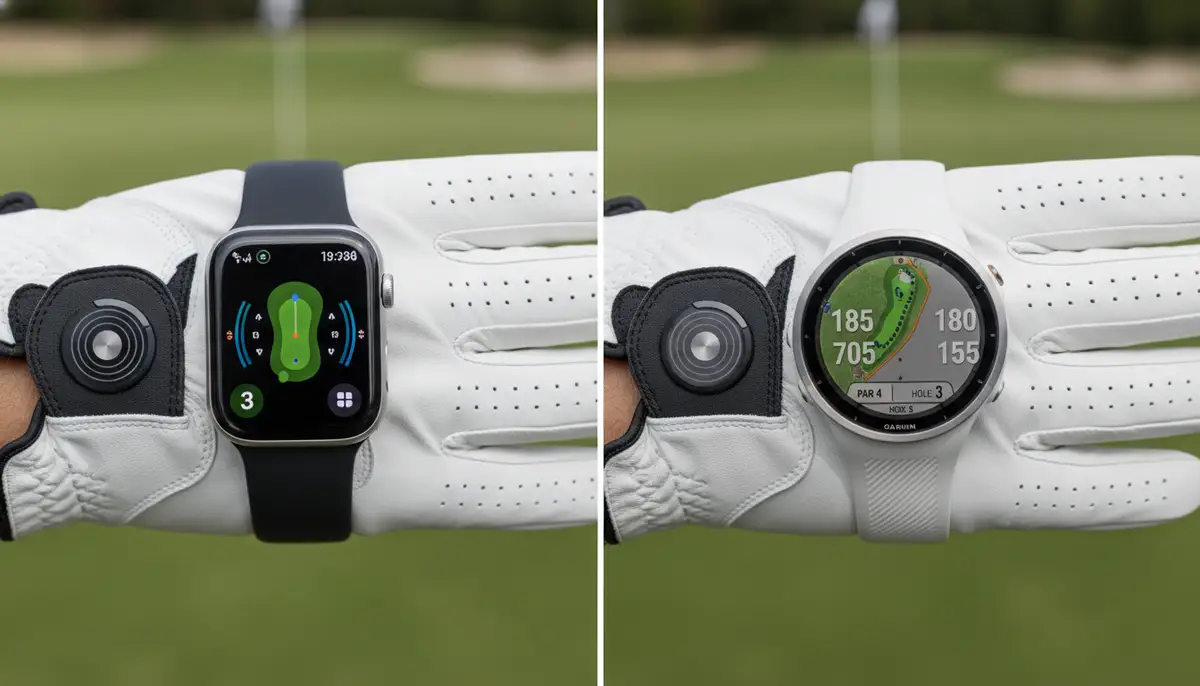 A side-by-side comparison of an Apple Watch and a specialized golf watch on a golf glove, highlighting their different interfaces and designs, professional lighting., high-quality photography, professional lighting, sharp focus, realistic, detailed