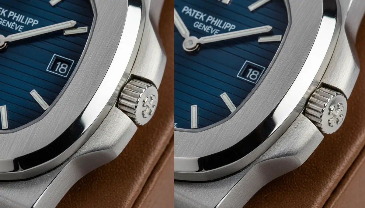 A side-by-side comparison of an authentic luxury watch and a high-quality counterfeit, showing subtle differences in dial printing, case finishing, and crown design., high-quality photography, professional lighting, sharp focus, realistic, detailed
