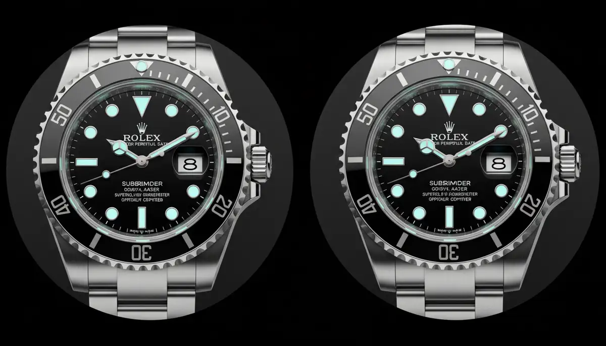 A side-by-side comparison of an authentic luxury watch and a super clone replica, highlighting their indistinguishable features under a magnifying glass., high-quality photography, professional lighting, sharp focus, realistic, detailed