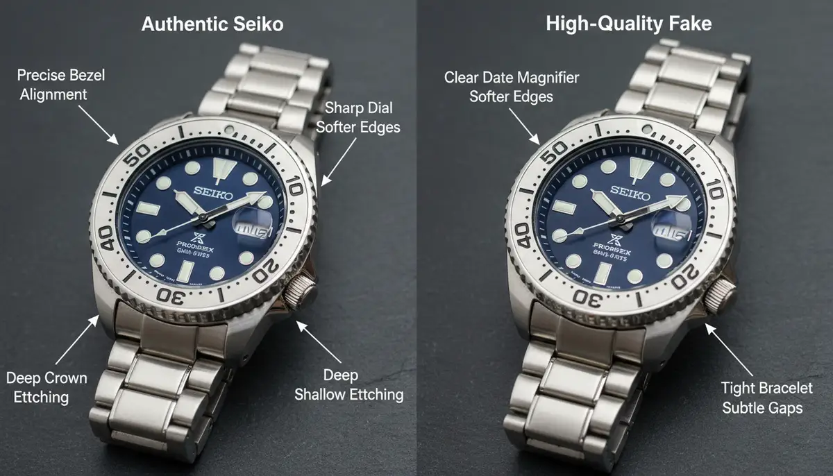 A side-by-side comparison of an authentic Seiko watch and a high-quality fake, pointing out subtle differences in craftsmanship and materials., high-quality photography, professional lighting, sharp focus, realistic, detailed