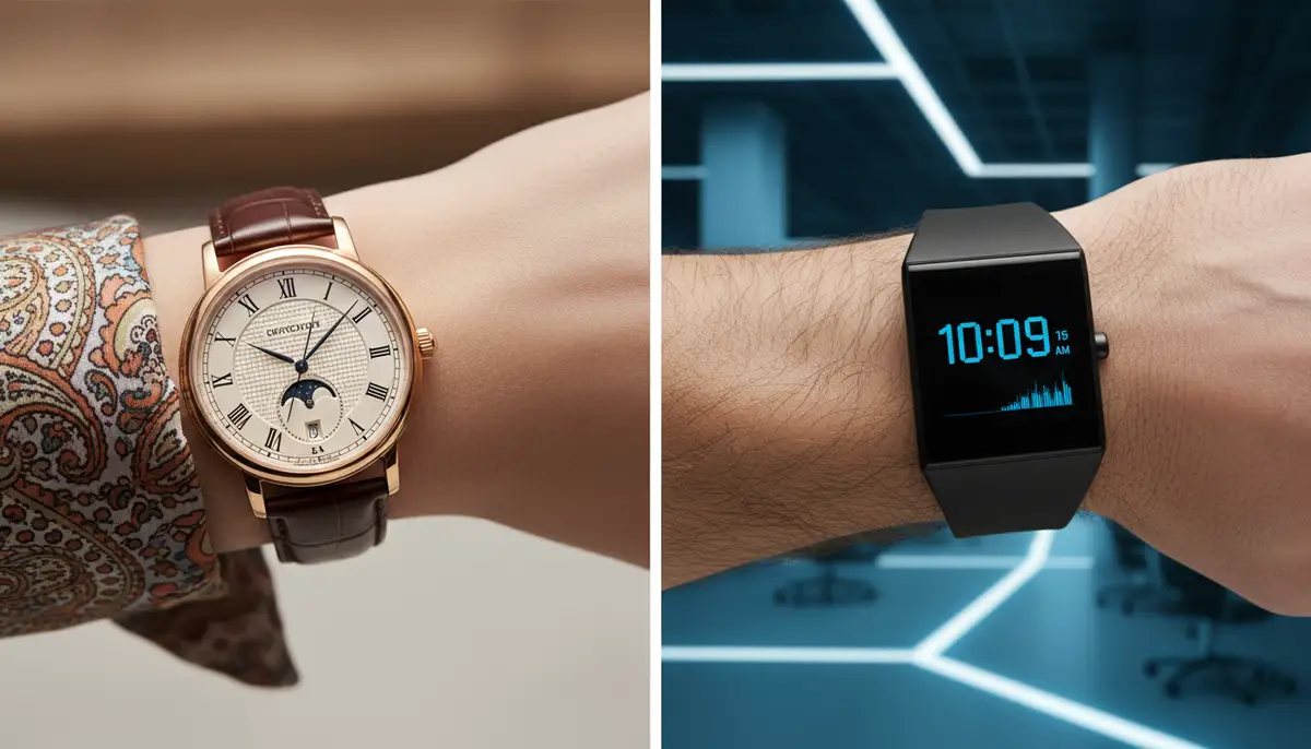 A side-by-side comparison of an elegant analog watch and a sleek digital watch on different wrists, highlighting their contrasting styles., high-quality photography, professional lighting, sharp focus, realistic, detailed