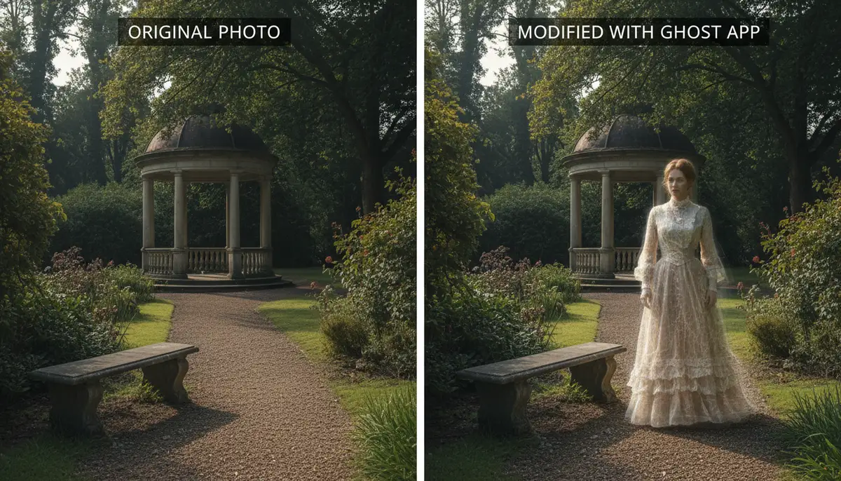 A side-by-side comparison of an original photo and the same photo with a highly realistic ghost added by a top ghost photo app, highlighting the seamless integration., high-quality photography, professional lighting, sharp focus, realistic, detailed
