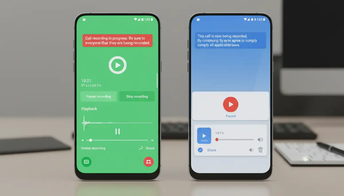 A side-by-side comparison of call recording interfaces from both Google and Samsung phone apps, highlighting privacy warnings and playback options, in a professional and clear manner., high-quality photography, professional lighting, sharp focus, realistic, detailed