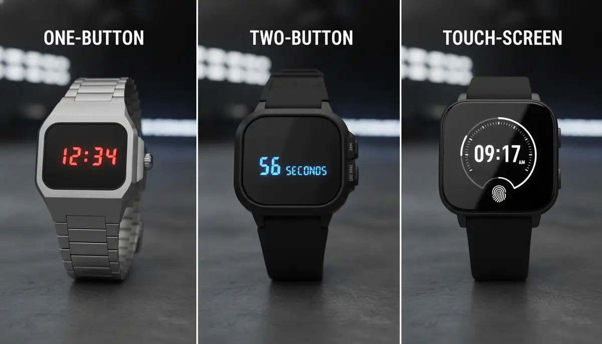 A side-by-side comparison of different types of LED watches: one-button, two-button, and touch-screen, clearly labeled., high-quality photography, professional lighting, sharp focus, realistic, detailed