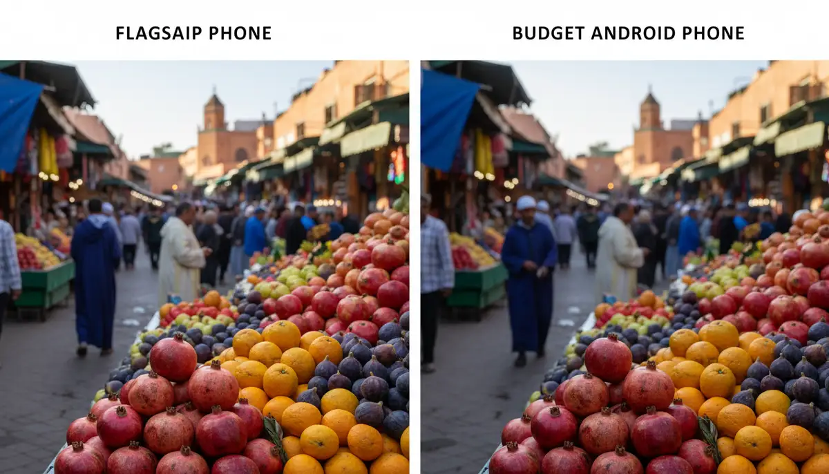 A side-by-side comparison of two photos: one taken with an expensive flagship phone and one with a budget Android phone, showcasing surprisingly similar high quality, with a focus on color and sharpness., high-quality photography, professional lighting, sharp focus, realistic, detailed