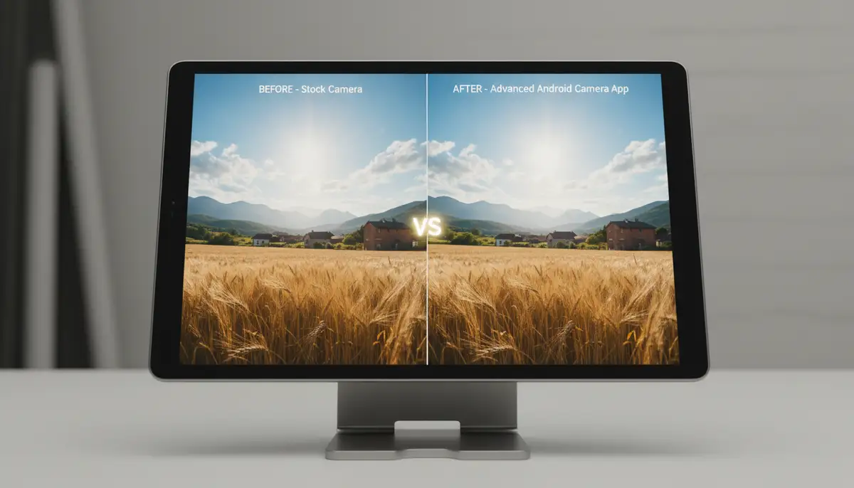 A side-by-side comparison on a screen, showing a 'before' image taken with a stock camera app and an 'after' image taken with an advanced Android camera app, highlighting improved detail and dynamic range., high-quality photography, professional lighting, sharp focus, realistic, detailed