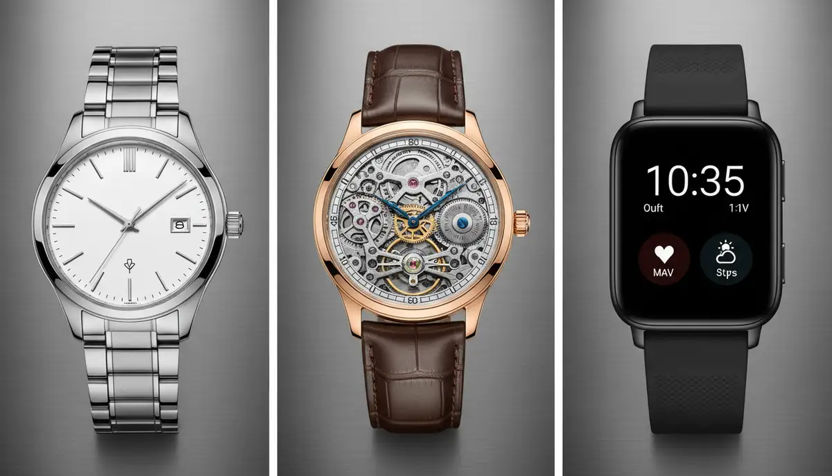 A side-by-side visual comparison of a quartz analog watch, a traditional mechanical watch, and a modern smartwatch, emphasizing their distinct appearances and functionalities., high-quality photography, professional lighting, sharp focus, realistic, detailed
