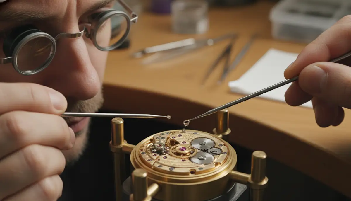 A skilled watchmaker carefully lubricating a tiny jewel bearing on a mechanical watch movement under a magnified loupe, with precision oilers., high-quality photography, professional lighting, sharp focus, realistic, detailed
