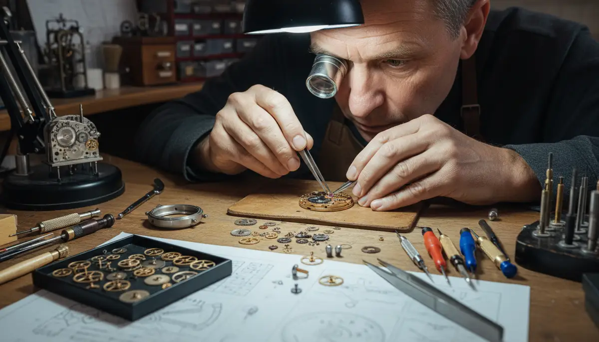 A skilled watchmaker meticulously assembling a watch movement under a magnifying glass, surrounded by tiny tools and components., high-quality photography, professional lighting, sharp focus, realistic, detailed