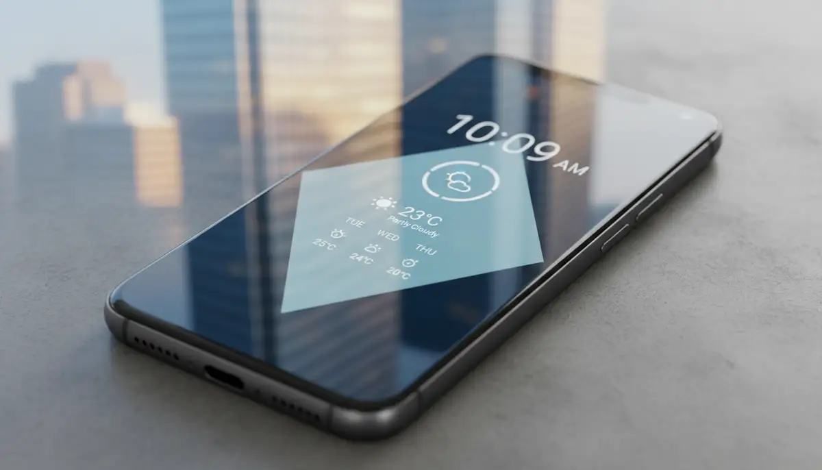 A sleek Android smartphone home screen displaying a highly customized time and weather widget with a modern design, showing current temperature, forecast, and digital time, against a blurred city background., high-quality photography, professional lighting, sharp focus, realistic, detailed