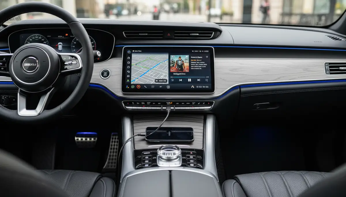A sleek car interior with a large touchscreen displaying Android Auto interface, showing navigation and music apps, with a smartphone connected via USB., high-quality photography, professional lighting, sharp focus, realistic, detailed