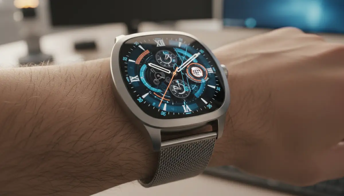 A sleek, futuristic smartwatch on a wrist, showcasing a highly detailed and interactive analog watch face with dynamic elements, reflecting ambient light., high-quality photography, professional lighting, sharp focus, realistic, detailed