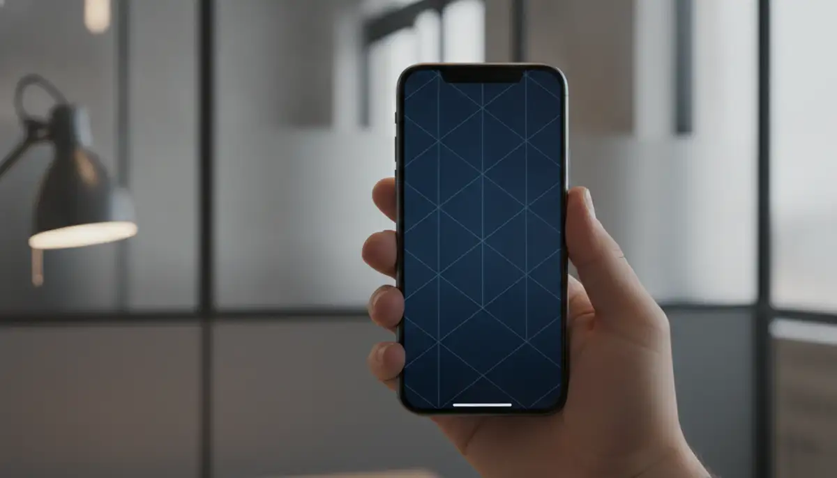 A sleek iPhone displaying a minimalist dark navy blue wallpaper with subtle geometric patterns, held in a hand against a modern background., high-quality photography, professional lighting, sharp focus, realistic, detailed
