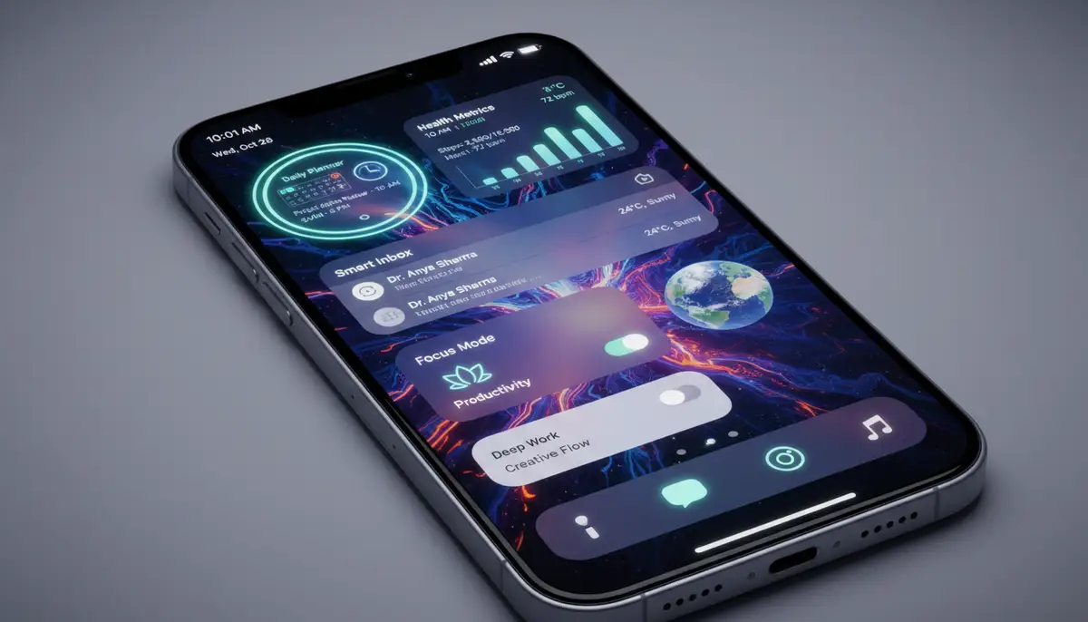 A sleek iPhone home screen in 2025, showcasing a variety of vibrant, interactive iOS widgets, perfectly organized for productivity and aesthetics., high-quality photography, professional lighting, sharp focus, realistic, detailed