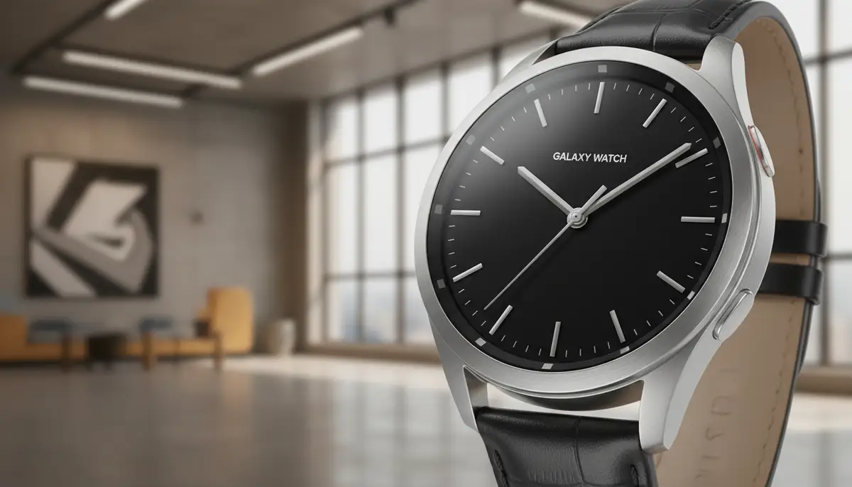 A sleek, minimalist analog watch face on a Galaxy Watch 8 Classic, showcasing elegant hands and a clean dial, against a blurred modern background., high-quality photography, professional lighting, sharp focus, realistic, detailed