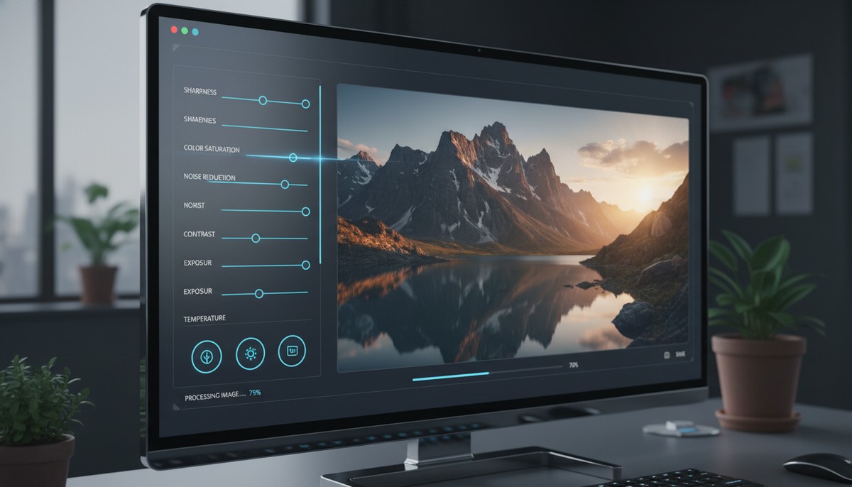 A sleek, minimalist interface of an AI photo enhancer software, displaying various sliders for sharpness, color, and noise reduction, with a high-resolution landscape photo in the main window.