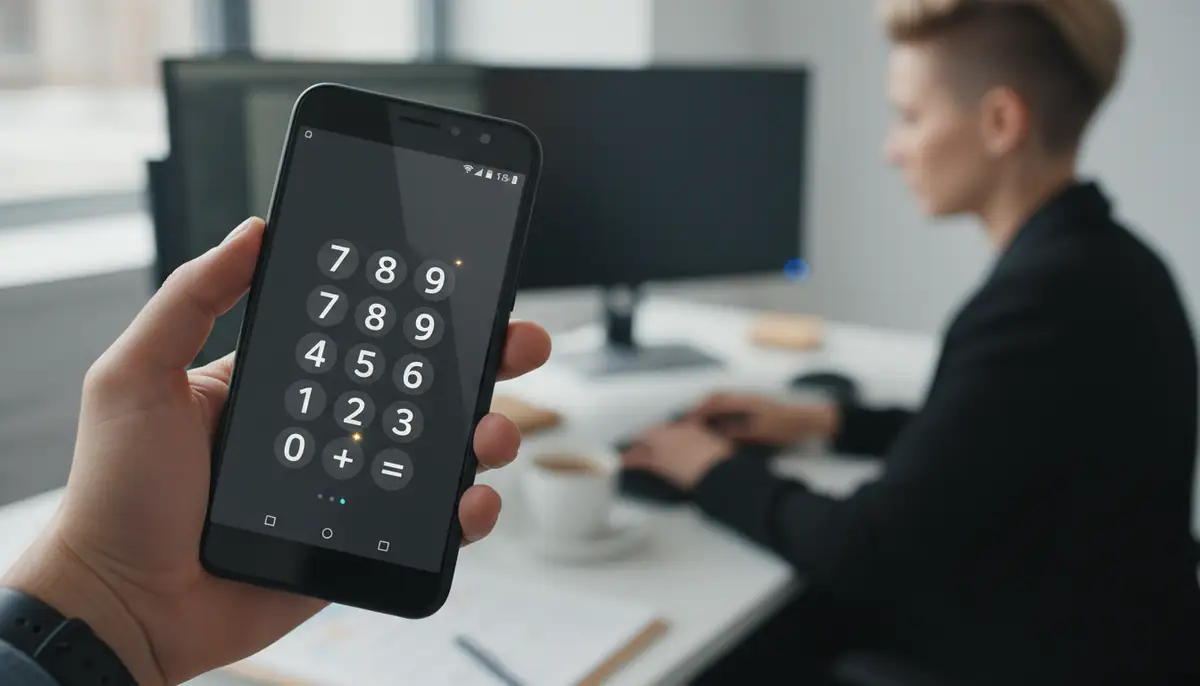 A sleek, modern Android smartphone displaying a minimalist calculator widget on its home screen, with a blurred background of a busy professional working., high-quality photography, professional lighting, sharp focus, realistic, detailed