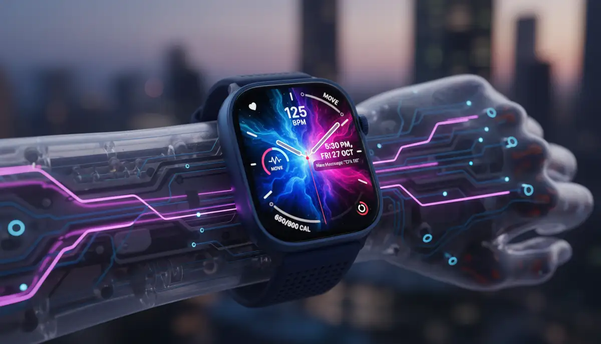 A sleek, modern Apple Watch displaying a vibrant digital watch face, with data overlays like heart rate and notifications, on a futuristic wrist., high-quality photography, professional lighting, sharp focus, realistic, detailed
