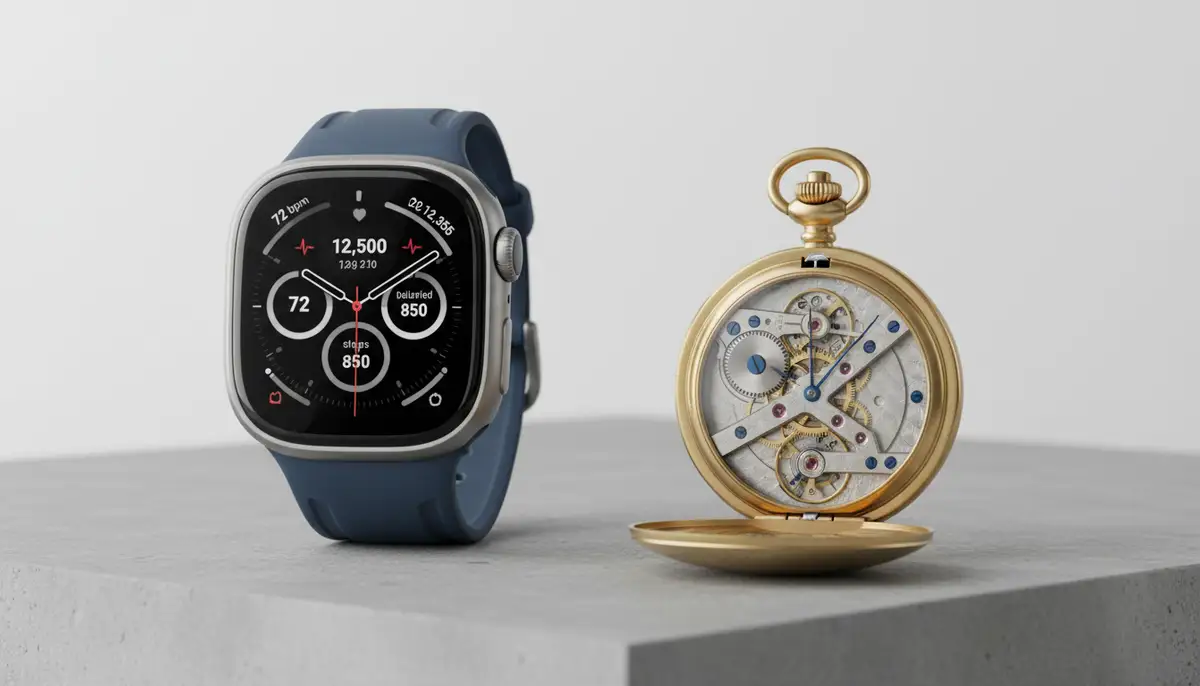 A sleek, modern Apple Watch displaying health metrics next to a vintage, intricate mechanical watch with exposed gears, both on a minimalist background., high-quality photography, professional lighting, sharp focus, realistic, detailed