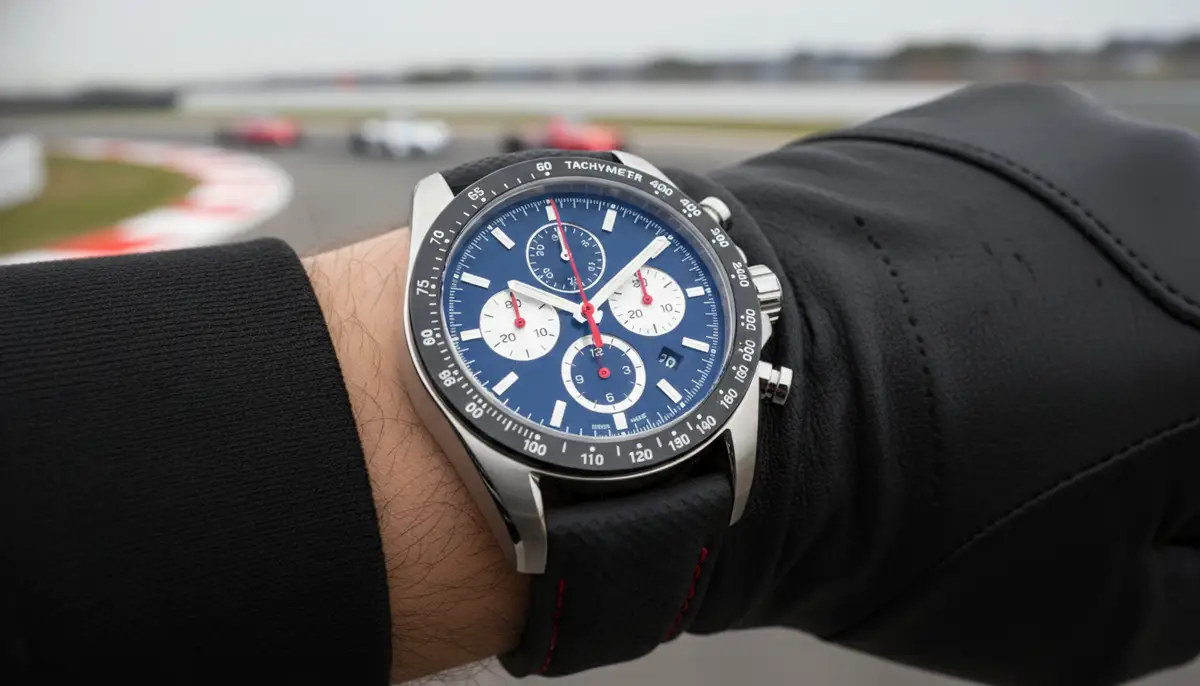 A sleek, modern chronograph watch on a wrist, showing its sub-dials and pushers clearly, with a blurred background of a race track., high-quality photography, professional lighting, sharp focus, realistic, detailed