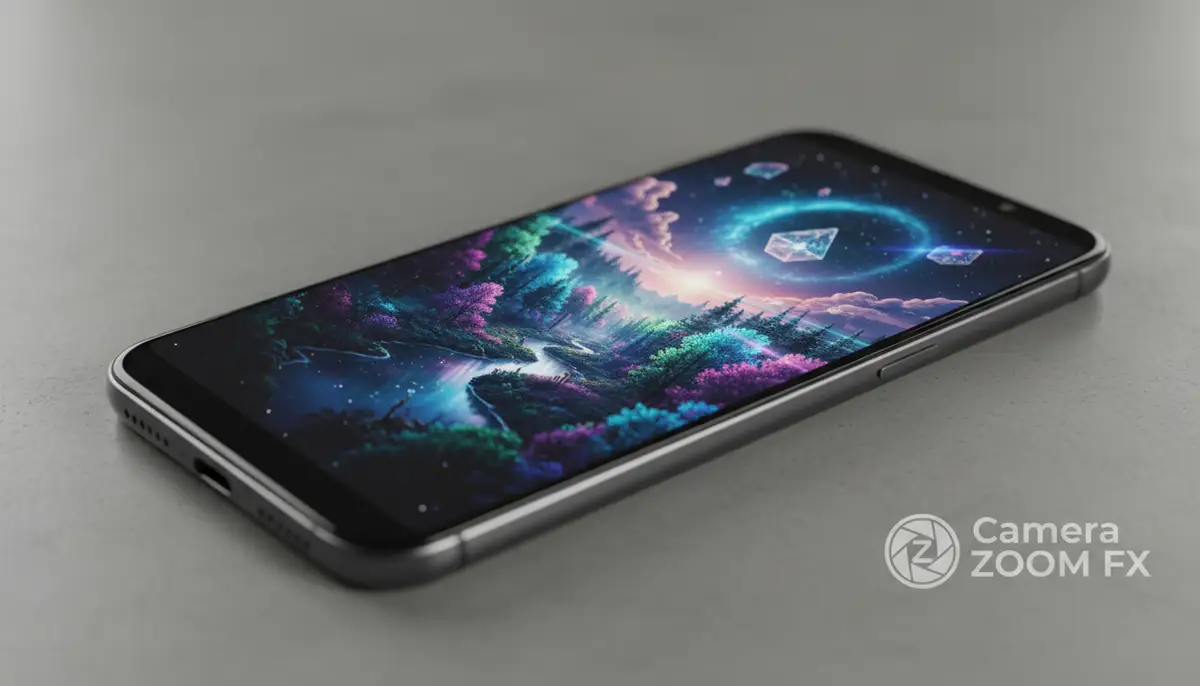 A sleek, modern smartphone displaying a beautifully edited photo, showcasing advanced photography features beyond just aging, with a subtle Camera ZOOM FX branding., high-quality photography, professional lighting, sharp focus, realistic, detailed