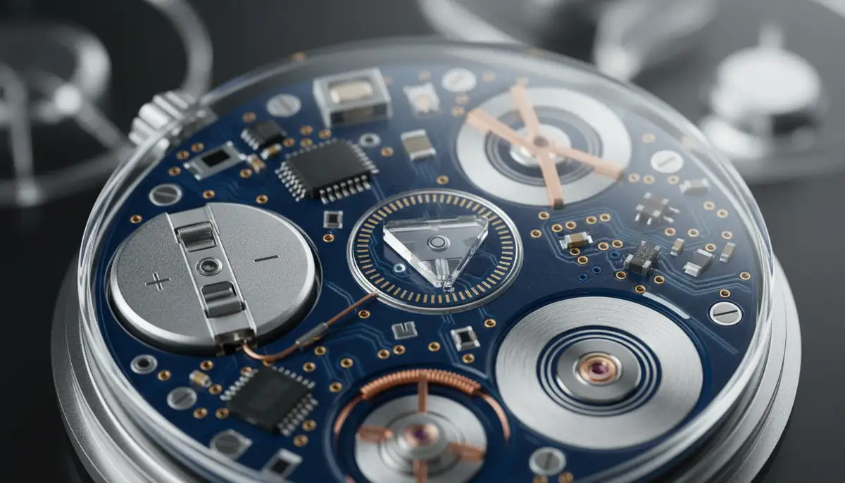 A sleek quartz watch movement with a battery, circuit board, and quartz crystal, clean and modern aesthetic, microscopic view., high-quality photography, professional lighting, sharp focus, realistic, detailed