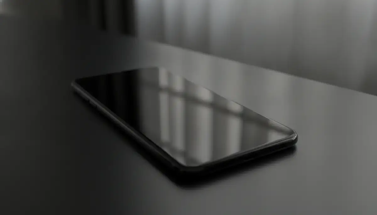 A sleek smartphone displaying a pure pitch black wallpaper, with subtle light reflections, emphasizing minimalism and battery saving., high-quality photography, professional lighting, sharp focus, realistic, detailed