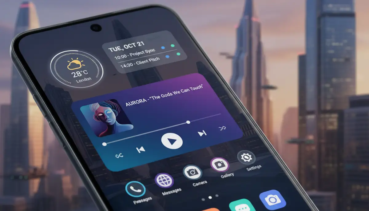 A sleek smartphone home screen in 2025, displaying various vibrant, functional widgets for weather, calendar, and music, with a blurred futuristic city background., high-quality photography, professional lighting, sharp focus, realistic, detailed