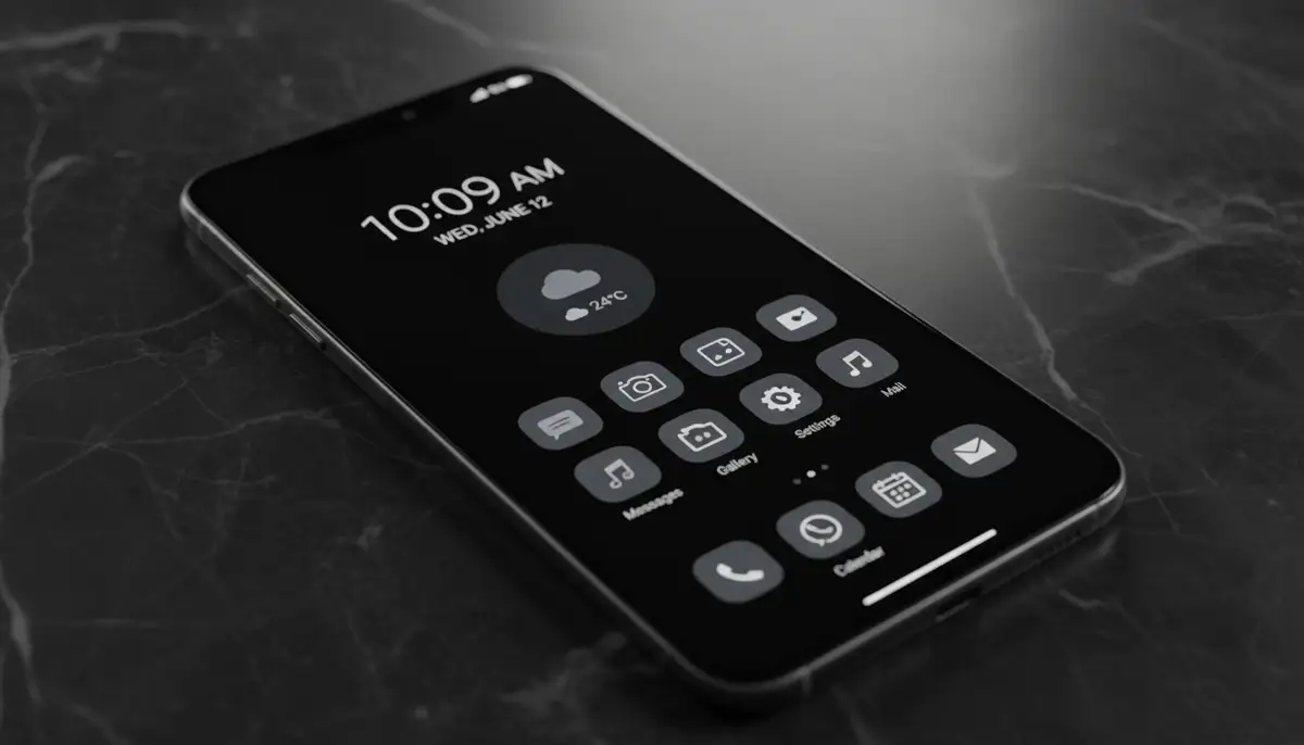 A sleek smartphone homescreen with a minimalist black aesthetic theme, showing dark icons and widgets against a deep black background, in a modern setting., high-quality photography, professional lighting, sharp focus, realistic, detailed