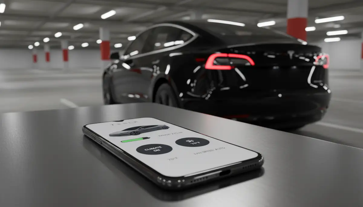 A sleek Tesla Model 3 parked, with an Android phone in the foreground displaying a custom Tesla widget showing battery status and climate control., high-quality photography, professional lighting, sharp focus, realistic, detailed