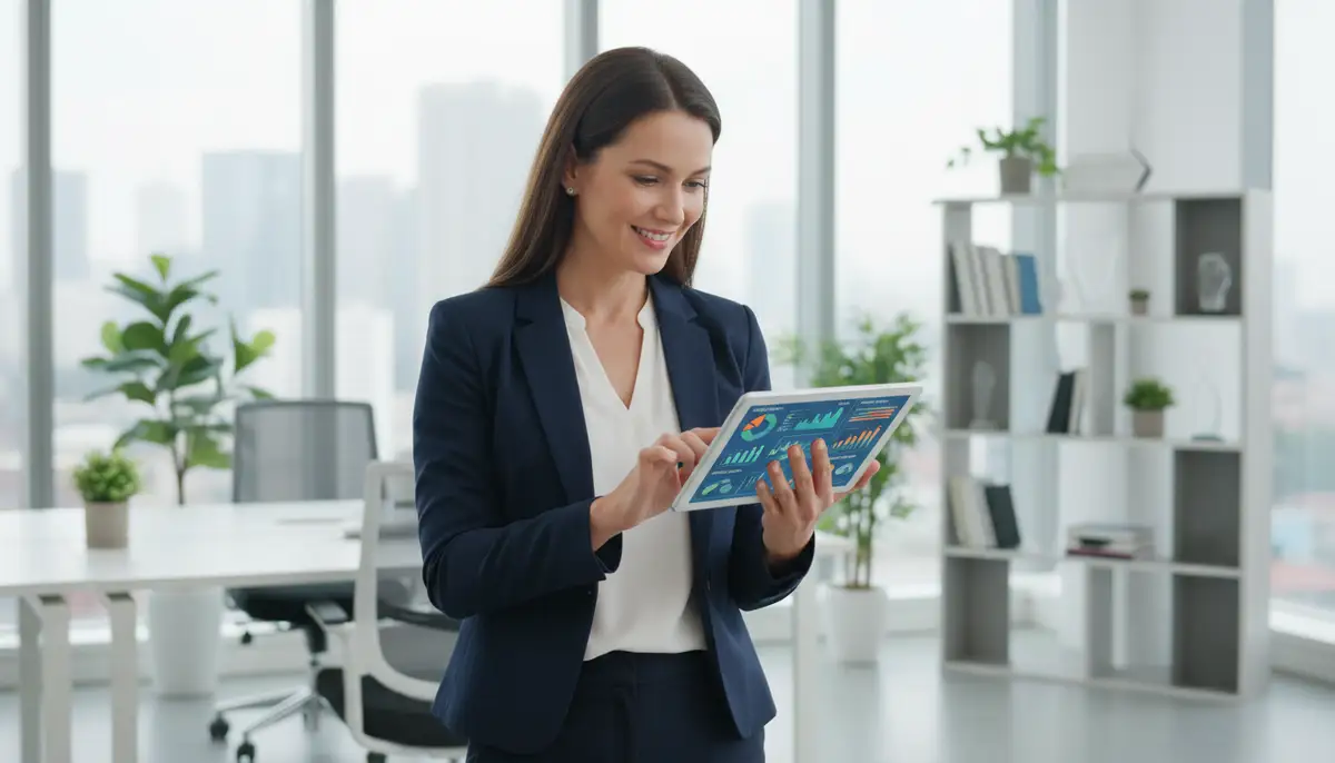 A small business owner confidently looking at a tablet displaying integrated business metrics, with a clean, modern office background.