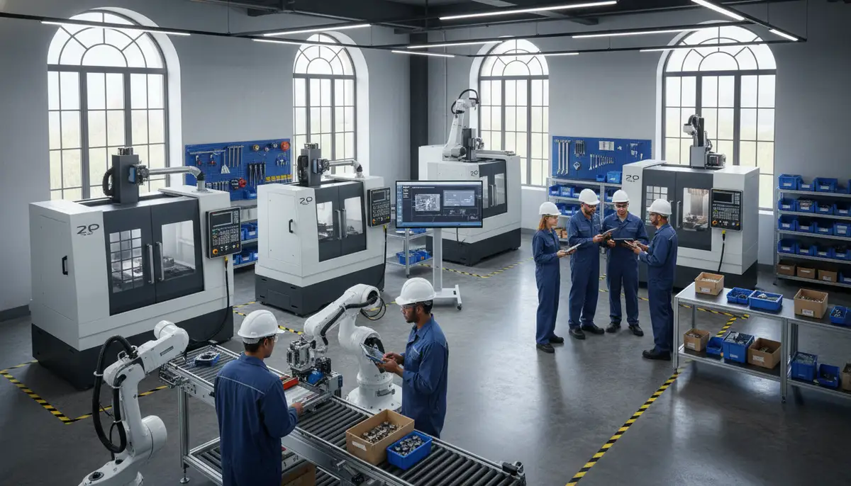 A small manufacturing facility with modern machinery and a diverse team collaborating, highlighting efficiency and organization.