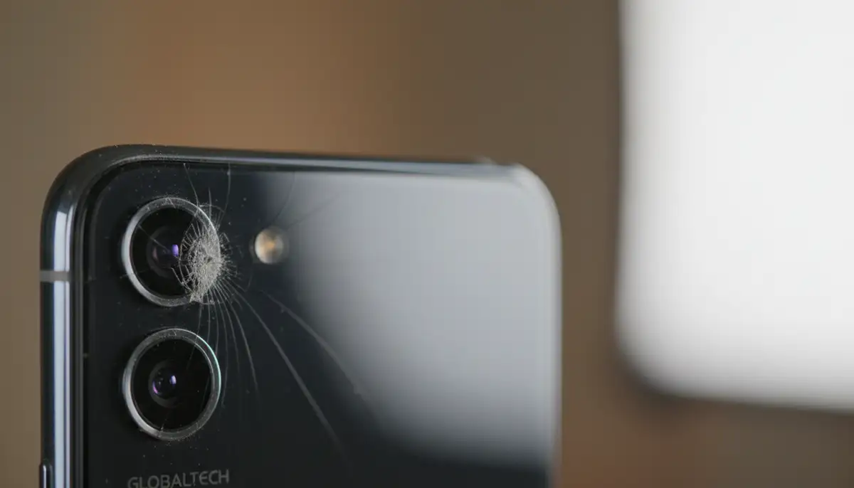 A smartphone camera lens with a subtle crack or physical damage, indicating hardware failure., high-quality photography, professional lighting, sharp focus, realistic, detailed