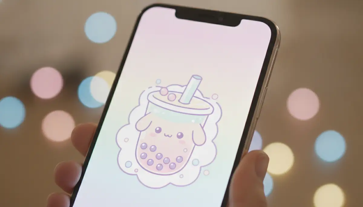 A smartphone displaying a cute animated character wallpaper, with a soft pastel color palette, surrounded by gentle bokeh lights., high-quality photography, professional lighting, sharp focus, realistic, detailed
