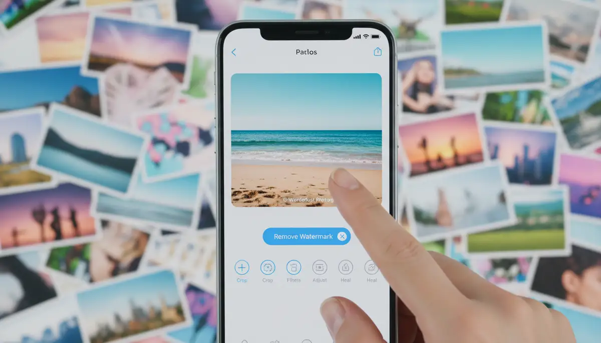 A smartphone displaying a popular photo editing app, with a finger tapping on a 'remove watermark' feature, set against a backdrop of vibrant, edited mobile photos., high-quality photography, professional lighting, sharp focus, realistic, detailed