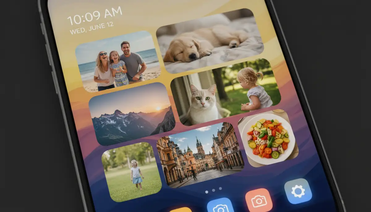 A smartphone home screen filled with various photo widgets displaying family photos, pets, and travel memories, with a vibrant, aesthetic background., high-quality photography, professional lighting, sharp focus, realistic, detailed