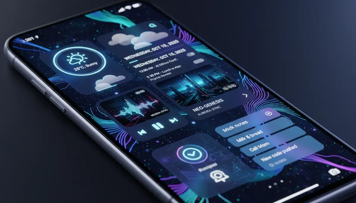 A smartphone home screen in 2025 displaying a diverse collection of highly customized widgets for weather, calendar, music, and quick notes, with a futuristic aesthetic., high-quality photography, professional lighting, sharp focus, realistic, detailed