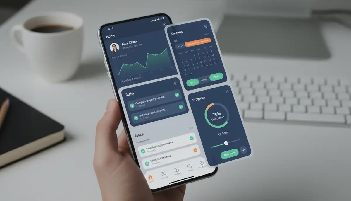 A smartphone screen displaying a beautifully designed Flutter app, demonstrating responsive layout and interactive flutter design widgets across different device sizes., high-quality photography, professional lighting, sharp focus, realistic, detailed