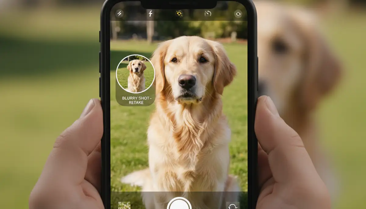 A smartphone screen displaying a camera app with a clear, in-focus subject, contrasting with a previous blurry attempt., high-quality photography, professional lighting, sharp focus, realistic, detailed