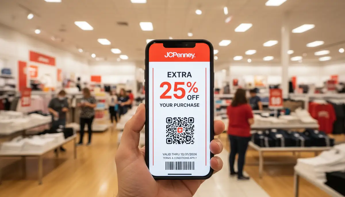 A smartphone screen displaying a JCPenney mobile coupon, with a blurred JCPenney store interior in the background, showing customers shopping., high-quality photography, professional lighting, sharp focus, realistic, detailed