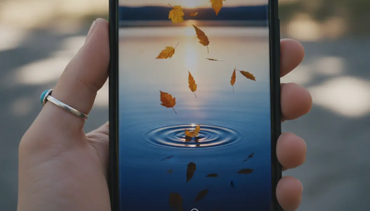 A smartphone screen displaying a mesmerizing nature-themed wallpaper GIF, with subtle animations of leaves falling or water rippling, held in a user's hand., high-quality photography, professional lighting, sharp focus, realistic, detailed