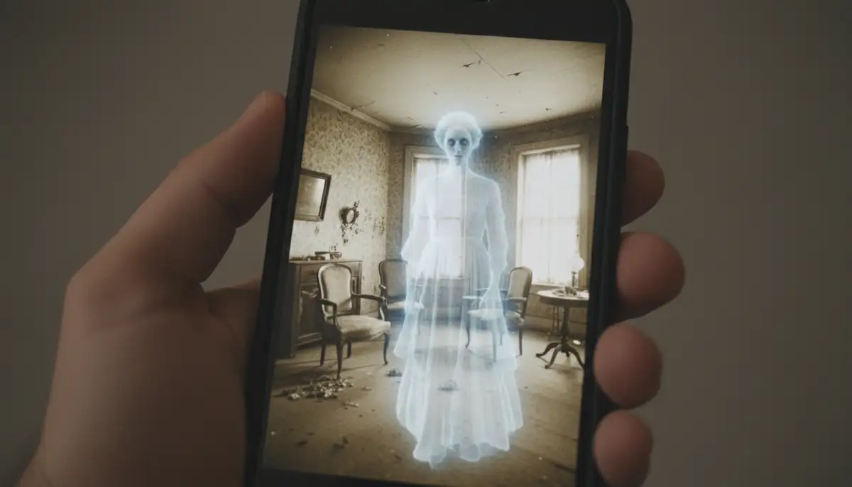 A smartphone screen displaying a realistic ghost overlay on a photo of an old, dimly lit room, with a user's hand holding the phone., high-quality photography, professional lighting, sharp focus, realistic, detailed