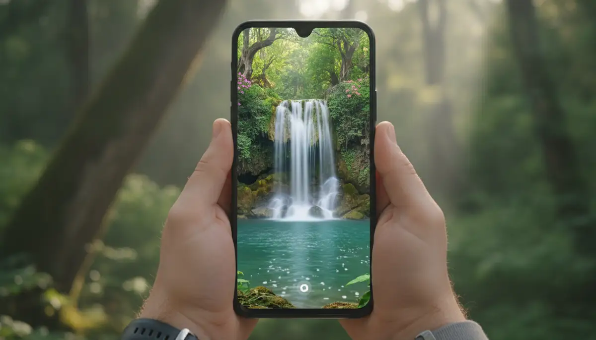 A smartphone screen displaying a stunning live wallpaper of a serene, flowing waterfall with subtle animation, held by hands against a blurred natural background., high-quality photography, professional lighting, sharp focus, realistic, detailed