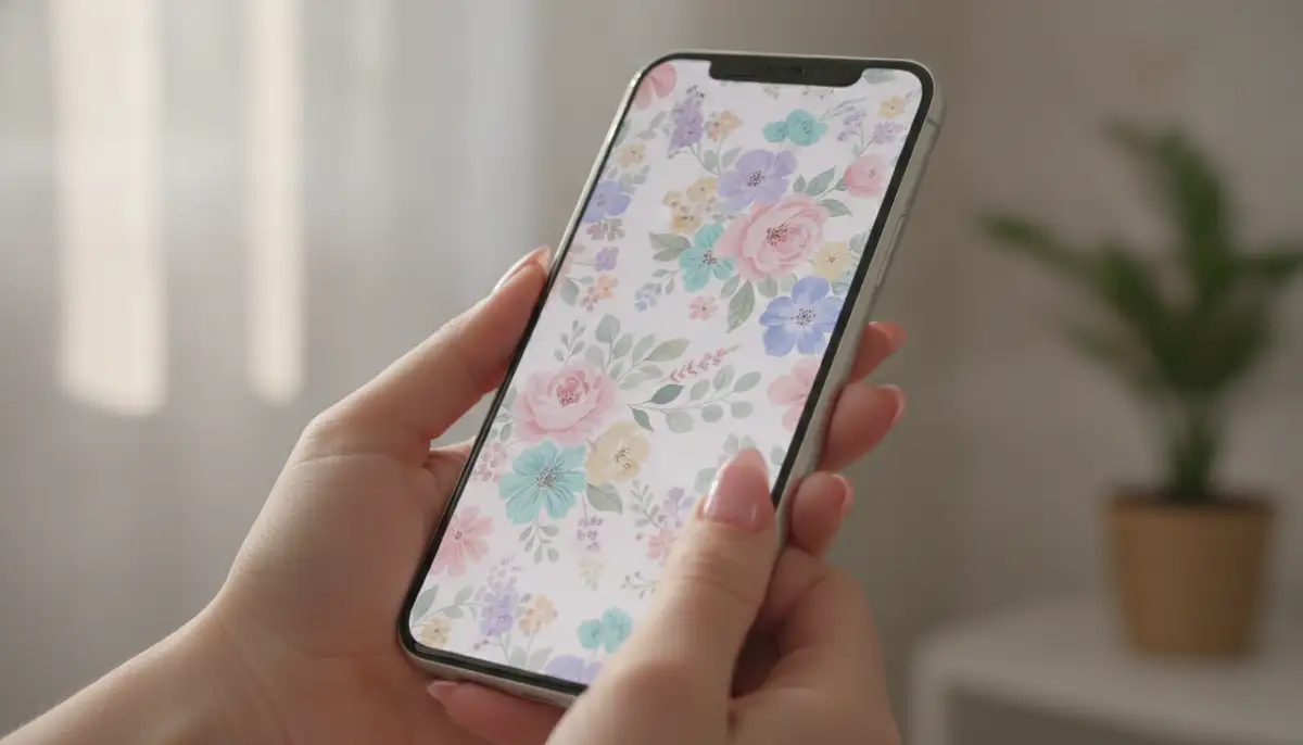 A smartphone screen displaying a vibrant floral girly wallpaper with soft pastel colors, held by a woman with manicured hands, natural light., high-quality photography, professional lighting, sharp focus, realistic, detailed